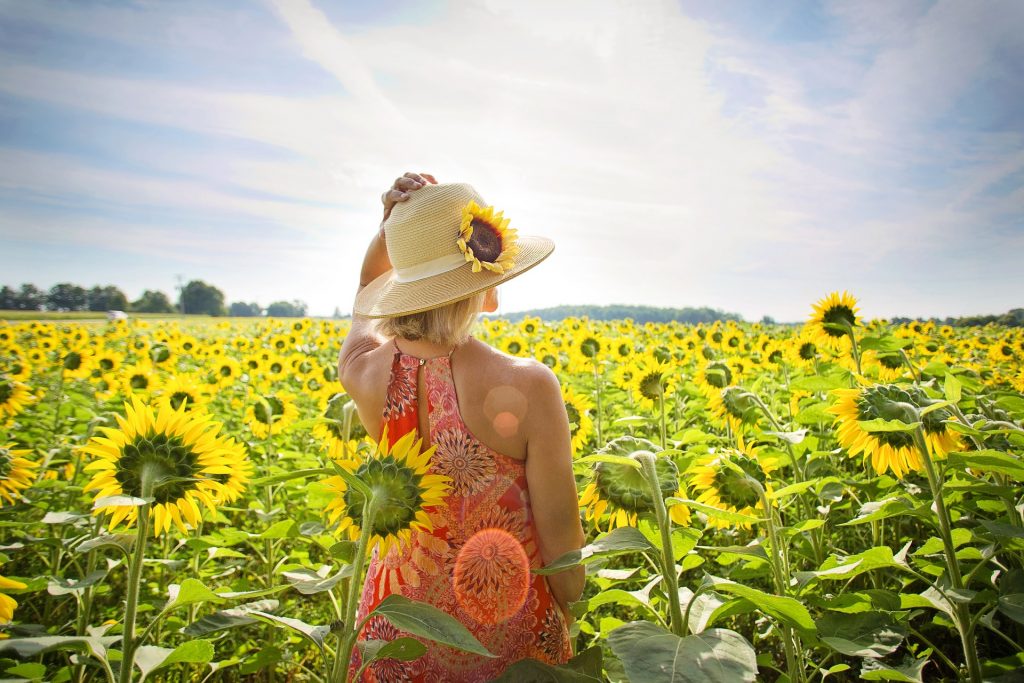 Un donna con cappello di paglia immersa in un campo di girasoli