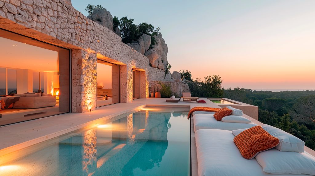 Villa con una piscina di lusso al tramonto